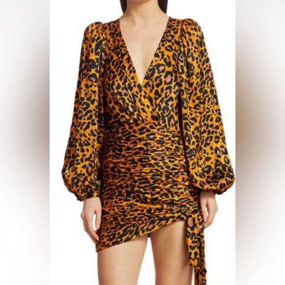 Ronny Kobo Collection Dresses & Skirts - Ronny Kobo Giorgia Leopard Print Puffed Shoulder Faux
Wrap Dress Size XS
